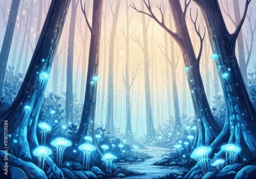 Enchanting forest scene with glowing bioluminescent mushrooms and ethereal light filtering through trees