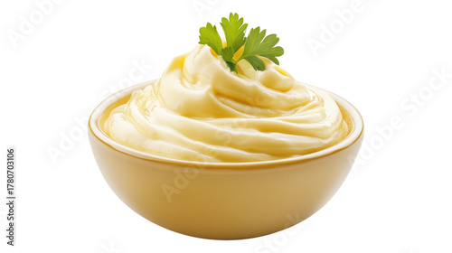 Creamy mayonnaise in yellow bowl isolated on a transparent background