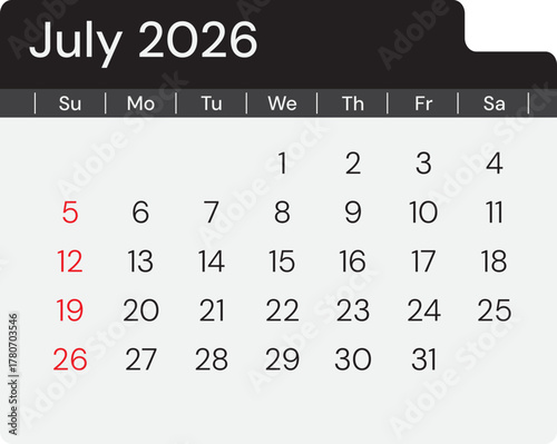 July 0f 2026 calendar page template