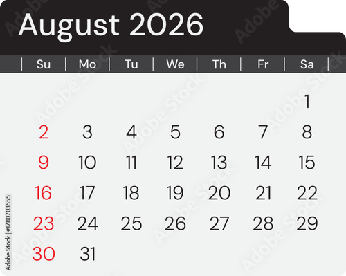 August 0f 2026 calendar page template