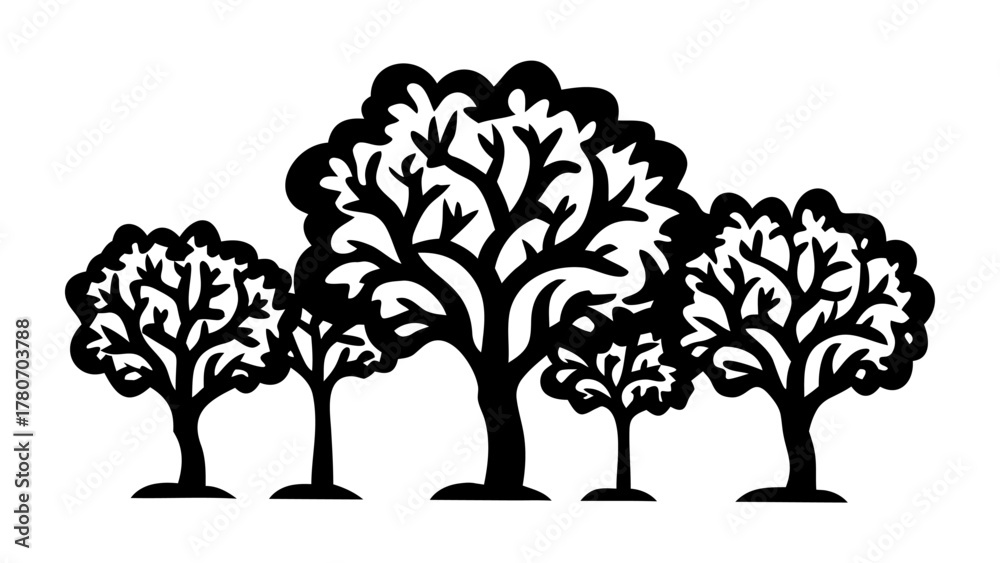 Obraz premium Silhouette of Majestic Trees: A stunning silhouette captures the beauty of multiple trees, emphasizing the intricate details of their branches and foliage. 