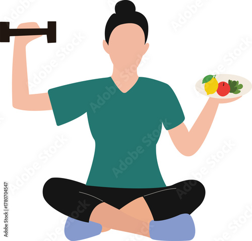 Woman Balancing Dumbbell and Healthy Food Flat Vector