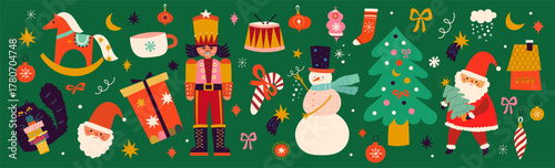 Christmas funny collection. Christmas decorative banner with funny Santa Claus, nutcracker