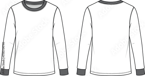Long sleeve shirt template, front and back view, fashion flat sketch, white garment, round neck, technical drawing, apparel design