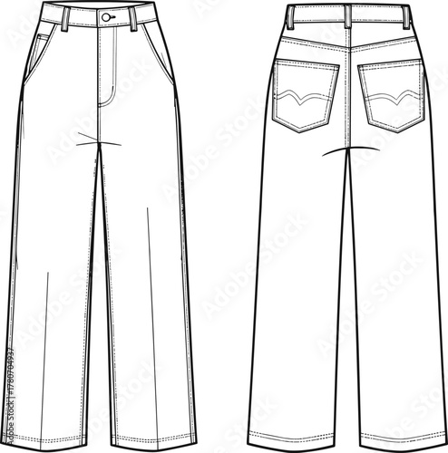 CAD Drawing Flat Vector Illustration of Wide-Leg Pants with High Waist, Belt Loops, Fly Front, Pockets, Yoke, and Stitching Details