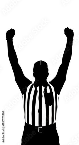 Referee signals touchdown with arms raised in victory, perfect for sports advertising and illustrating winning moments on the field or court
