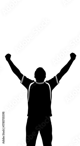 Silhouette of triumphant athlete celebrating victory with arms raised against clean white background, symbolizing achievement, determination, and sportsmanship