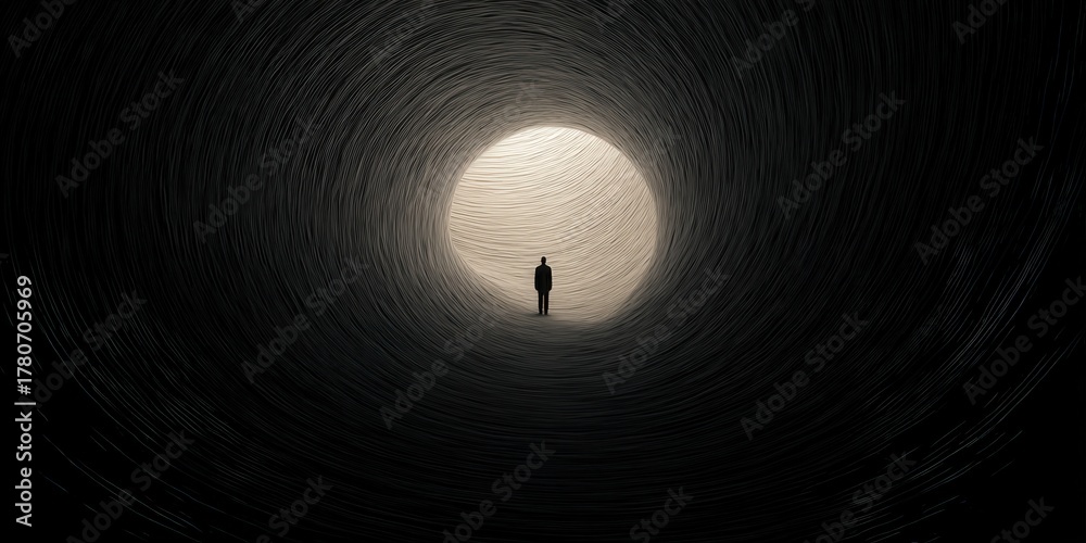 Fototapeta premium depression fatigue darkness concept. A figure standing in a swirling tunnel of light and darkness.
