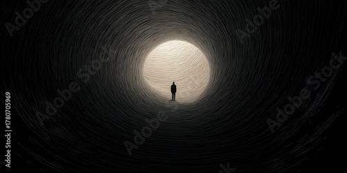 depression fatigue darkness concept. A figure standing in a swirling tunnel of light and darkness.