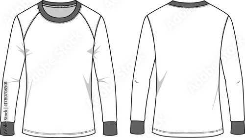 Long sleeve shirt technical sketch, raglan sleeve fashion flat, front and back view, white garment illustration, apparel design template