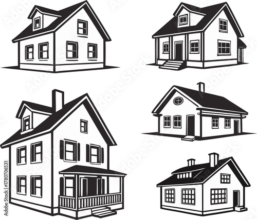 Various detached suburban house illustrations in outline style