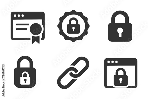 Lock and security icons set: padlock, certificate, chain symbol illustrations.
