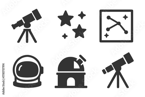Astronomy icons: telescope, stars, constellation, astronaut helmet, observatory.