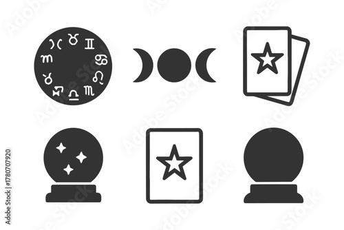 Astrology and divination symbols featuring zodiac, moon phases, tarot, and crystal balls.