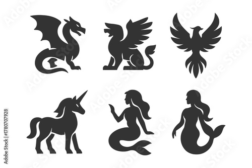 Silhouettes of mythical creatures: dragon, griffin, phoenix, unicorn, mermaids.