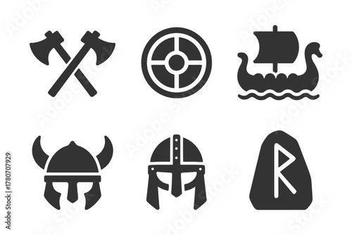 Viking icons: axes, shield, longship, helmets, rune stone - black silhouettes.