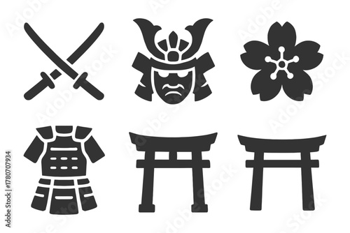 Samurai icons: swords, helmet, cherry blossom, armor, and torii gates.