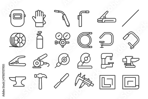 Variety of welding and metalworking tools displayed in simple line illustration.