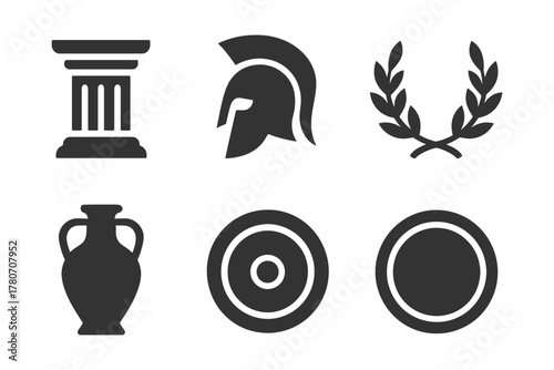 Ancient greek symbols: column, spartan helmet, laurel wreath, amphora, buckler, shield icons.