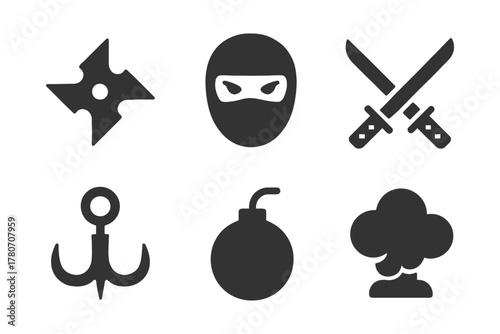 Ninja symbols featuring shuriken, mask, swords, and explosive icons.