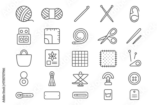 Set of outline icons for knitting and sewing tools and accessories.