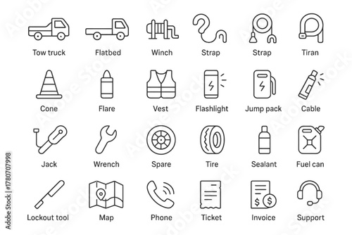 Tow truck accessories and tools line icons collection.