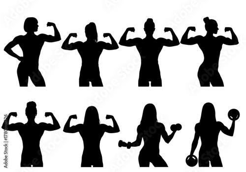 Silhouette collection of athletic women flexing muscles and posing with weights