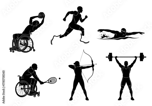 Adaptive athletes engaging in diverse sports, showcasing resilience and determination. The silhouettes capture the essence of various activities