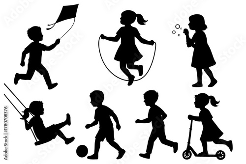 Children silhouettes engaged in various outdoor activities
