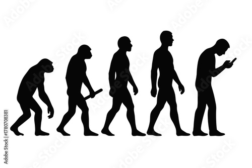 A visual representation of human evolution, ending with a modern individual engrossed in technology. This striking image symbolizes the progression of humanity