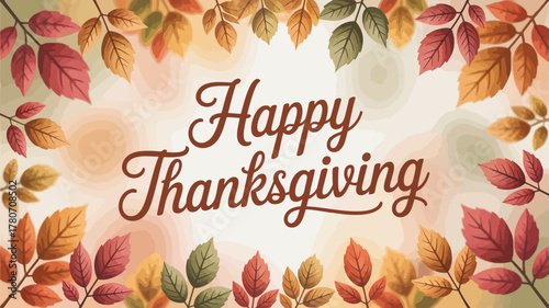 Happy thanksgiving greeting with colorful autumn leaves border and soft watercolor background