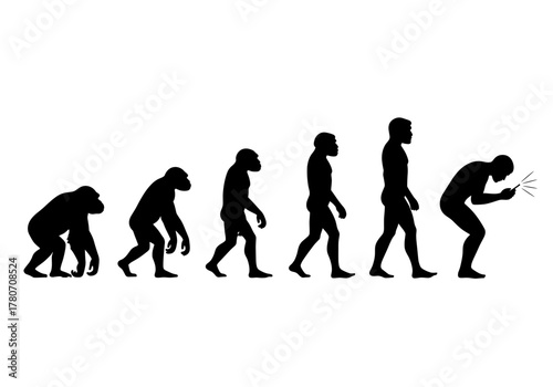 Evolution of humanity, from ape to modern technology addiction