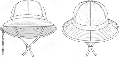 Bucket hat technical sketch, wide brim hat drawing, chin strap detail, fashion flat, apparel design, stitching, front and back view