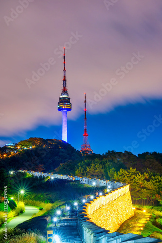 The best night view of Namsan Park, with beautiful autumn leaves and clouds at Seoul Tower.