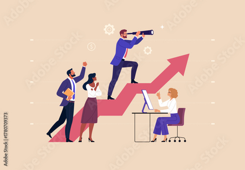 Business Leadership Concept. Vector illustration of a business team moving up an arrow graph led by a leader with a telescope, symbolizing vision, teamwork, success, and career growth.