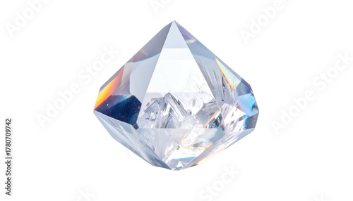 Perfectly cut crystalline mineral formation displays brilliant light refraction against a dark background