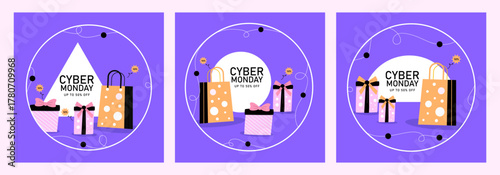 Cyber Monday sale banner set of three design template abstract background for advertising, web and social media. Vector Illustration.