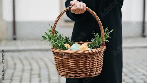 Person in a black coat holding a traditional wicker Easter basket with colorful eggs and greenery.
