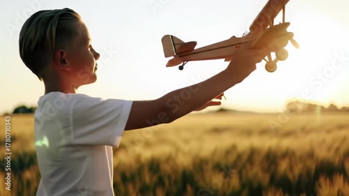 a young blonde caucasian boy (7-8) in a white t-shirt plays with a vintage wooden airplane in a sun-drenched golden wheat field, ethereal golden hour glow and lens flare, concept of childhood dreams