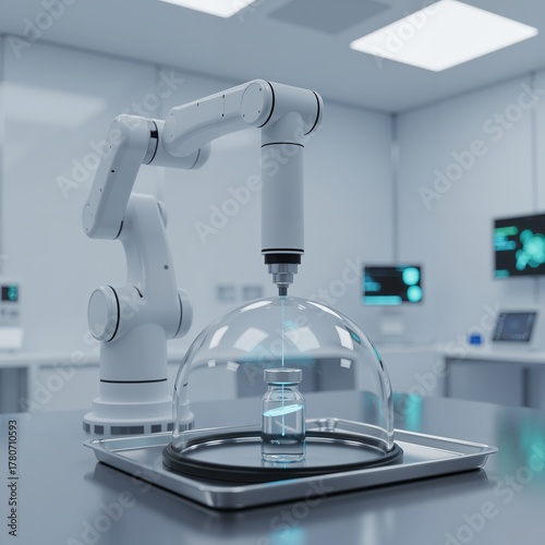 Robotic arm performing high-precision analysis on a medical vial under a glass dome in a sterile, futuristic laboratory. Biotechnology and research concept.