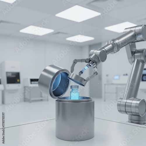 Robotic arm precisely handling a glowing medical vial in a metal protected container in a sterile laboratory environment. High-tech research concept.