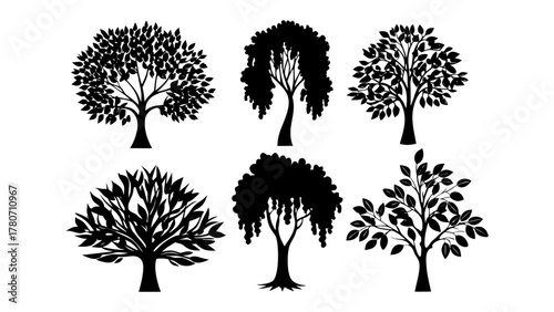 Silhouette Trees: A collection of various silhouette trees. A stunning contrast of light and shadow, perfect for a touch of elegance in design projects.