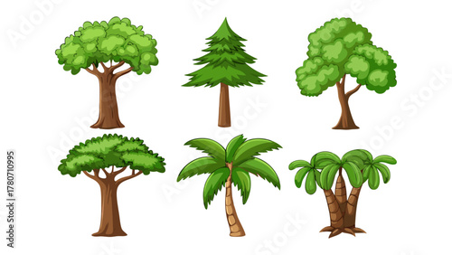 Variety of Trees: Explore a collection of different tree illustrations, each showcasing unique features and styles, creating a vivid assortment of natural elements.