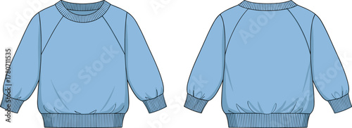 Long sleeve sweatshirt, crew neck, raglan sleeve, fashion flat, garment sketch, apparel template, front back view, vector illustration, casual wear