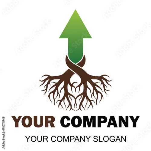 Green arrow growing from tree roots symbolizing growth and development
