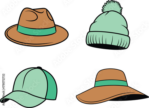 Four Different Types of Hats Including Fedora and Beanie Keywords: hat, fedora, beanie, cap, sun