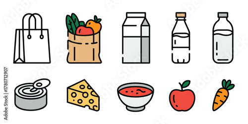 Grocery shopping icons with bag, food items, and drinks graphics Keywords: grocery, shopping
