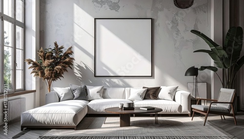 Bright modern living room interior with a blank square frame mockup on a concrete wall.