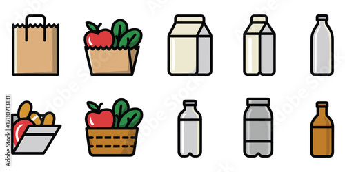 Grocery shopping icons with bags, baskets, and drinks graphics Keywords: grocery, shopping, bag