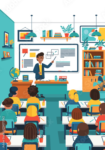 Illustration of a teacher explaining lessons to attentive students in a classroom. Represents education, learning, and academic activities.